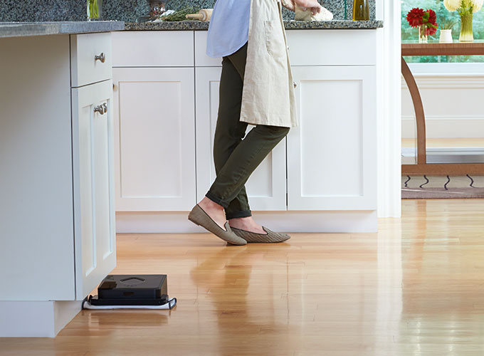 Braava sweeps for up to 240 minutes or mops for up to 150 minutes on a single charge.