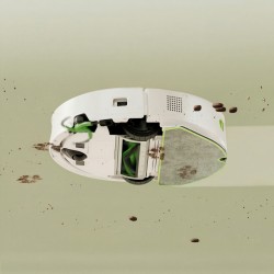 Widok od spodu: iRobot Roomba 115 Combo mopuje plamy na podłodze, z widoczną nakładką z mikrofibry