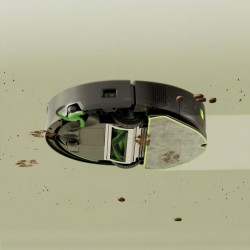 Widok od spodu: iRobot Roomba 115 Combo mopuje plamy na podłodze, z widoczną nakładką z mikrofibry