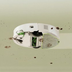 Widok od spodu: iRobot Roomba 115 Combo mopuje plamy na podłodze, z widoczną nakładką z mikrofibry