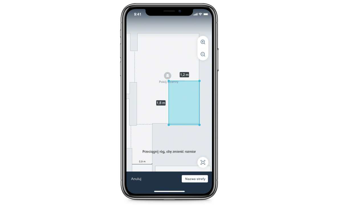 Zbliżenie na ekran aplikacji mobilnej do zarządzania robotem sprzątającym, przedstawiający funkcję wyznaczania i edycji stref sprzątania w domu.