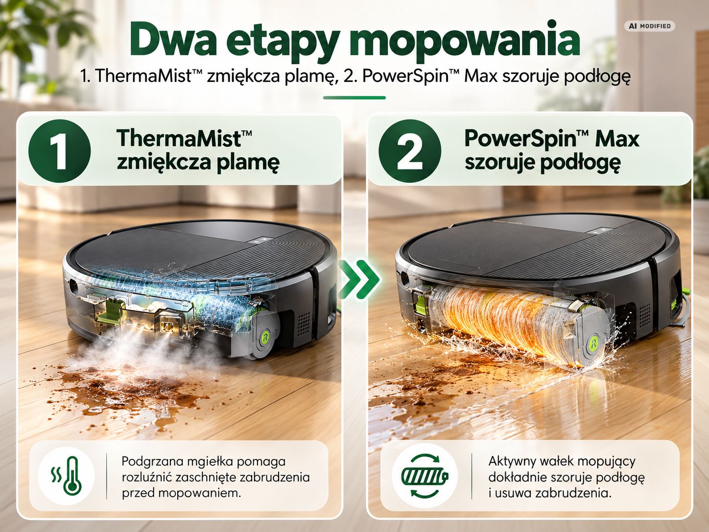 Dwa etapy mopowania: najpierw ThermaMist™ zmiękcza plamę, potem PowerSpin™ Max szoruje podłogę