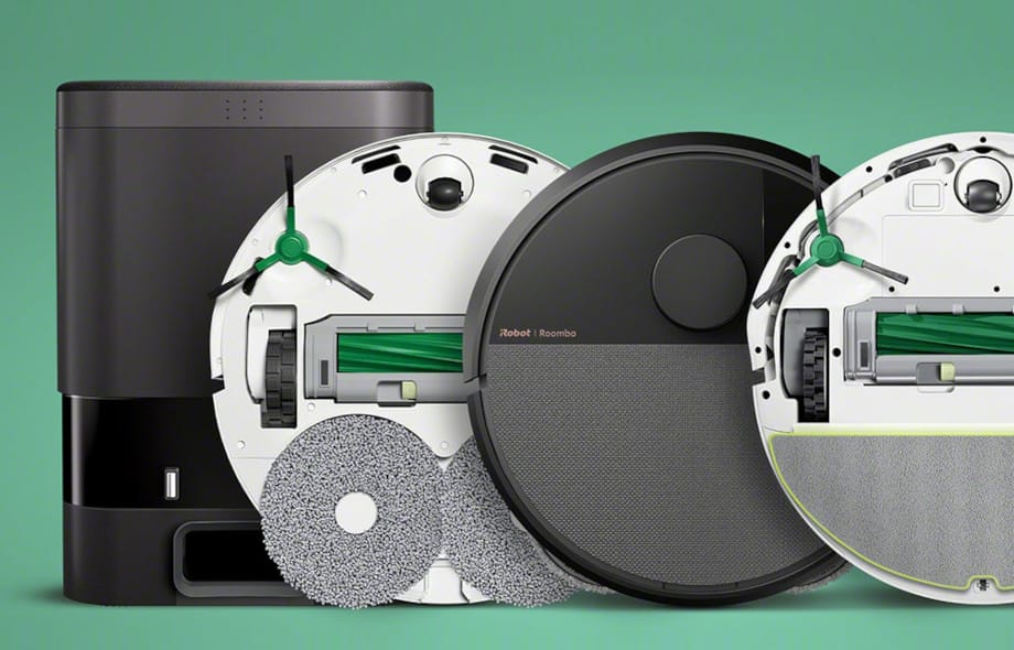 Zdjęcie przedstawiające zestawienie kilku robotów sprzątających iRobot Roomba Combo na zielonym tle