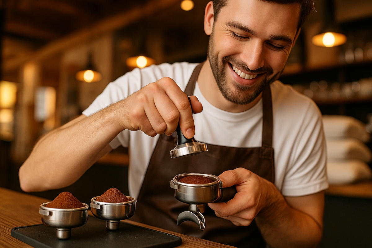Barista nabija kawę do kolby ekspresu kolbowego w kawiarni