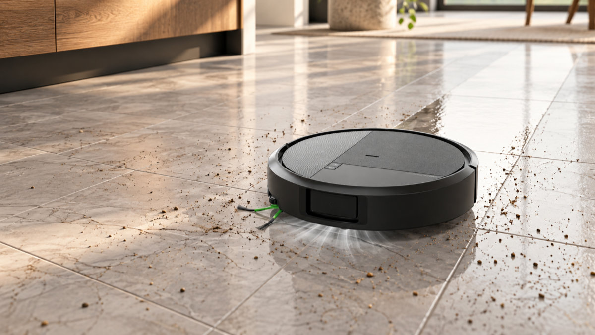Robot sprzątający odkurza i mopuje marmurową podłogę