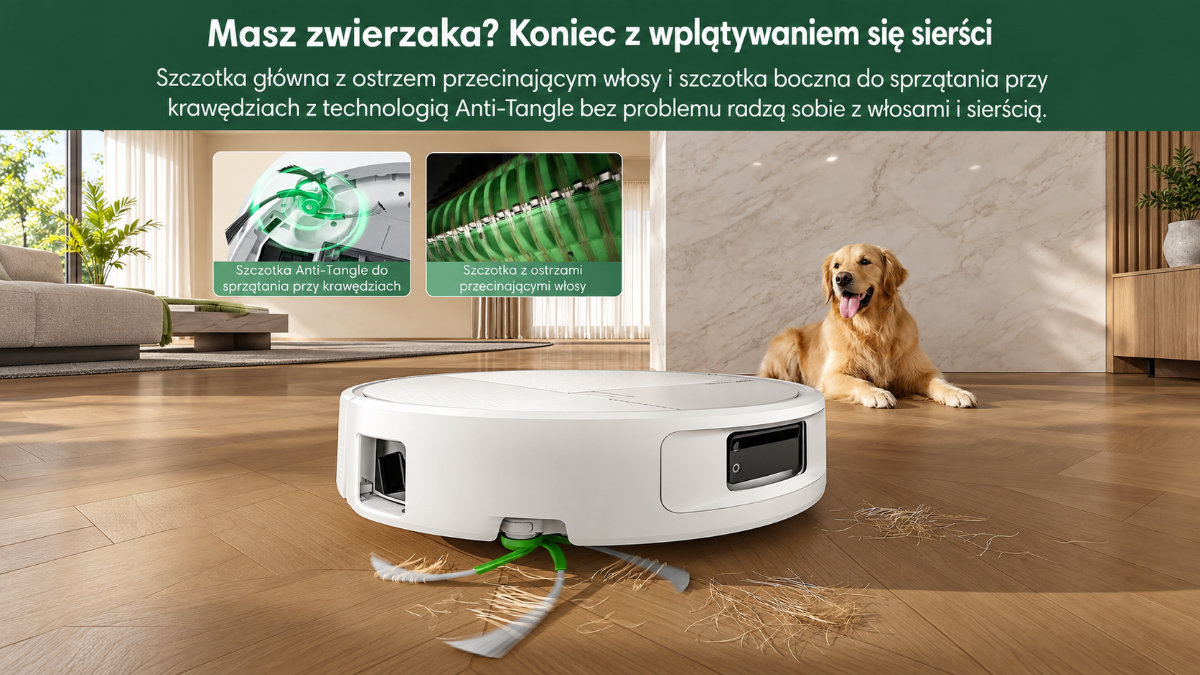 Robot sprzątający zbiera sierść bez plątania się szczotek