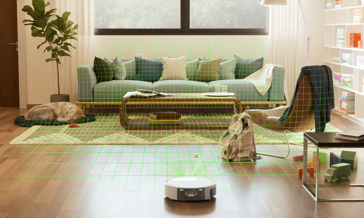 Roomba Combo wykrywa przeszkody i meble znajdujące się w salonie z dywanem i sofą