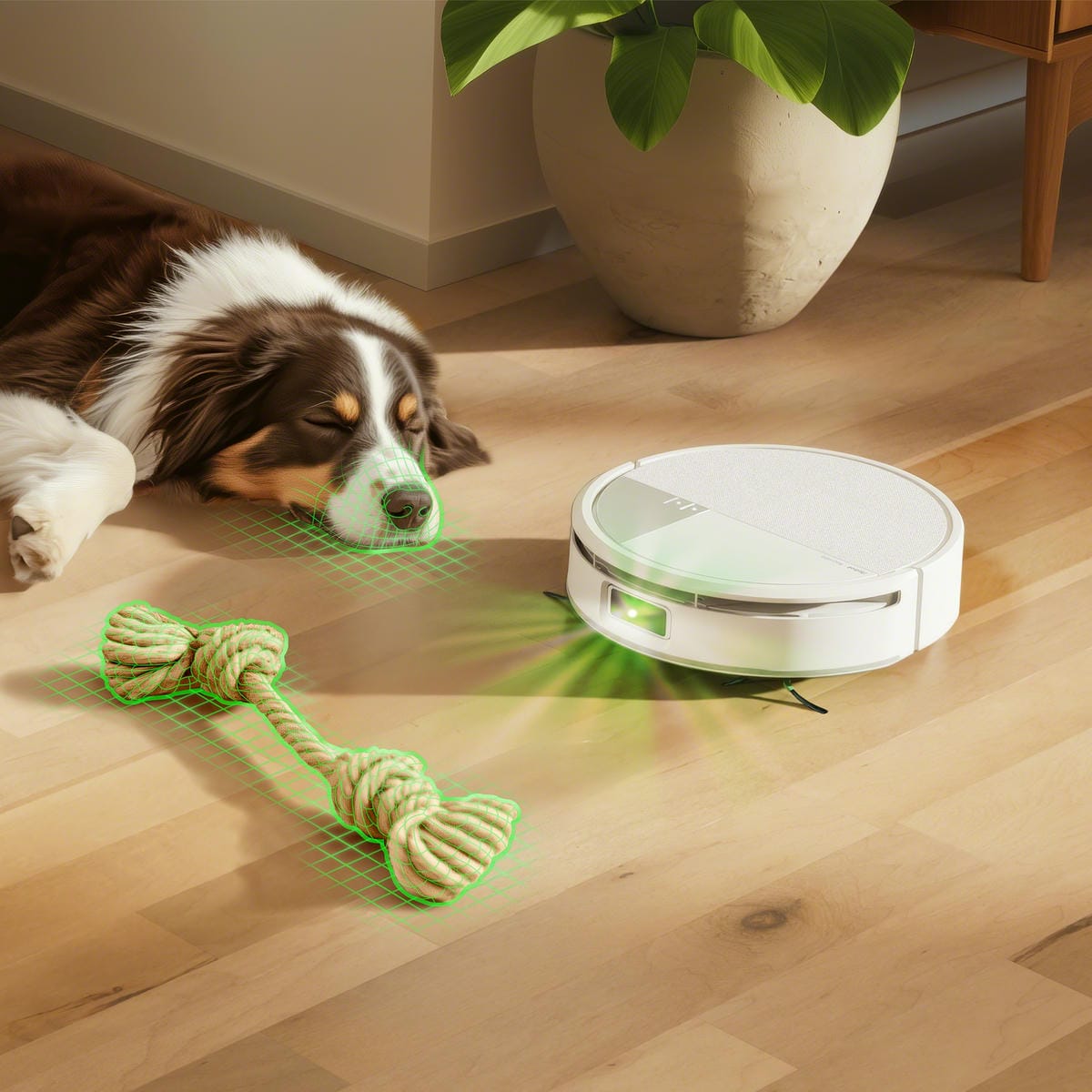 Robot Roomba Max 705 Combo omija psa leżącego na panelach i identyfikuje zabawkę na swojej drodze