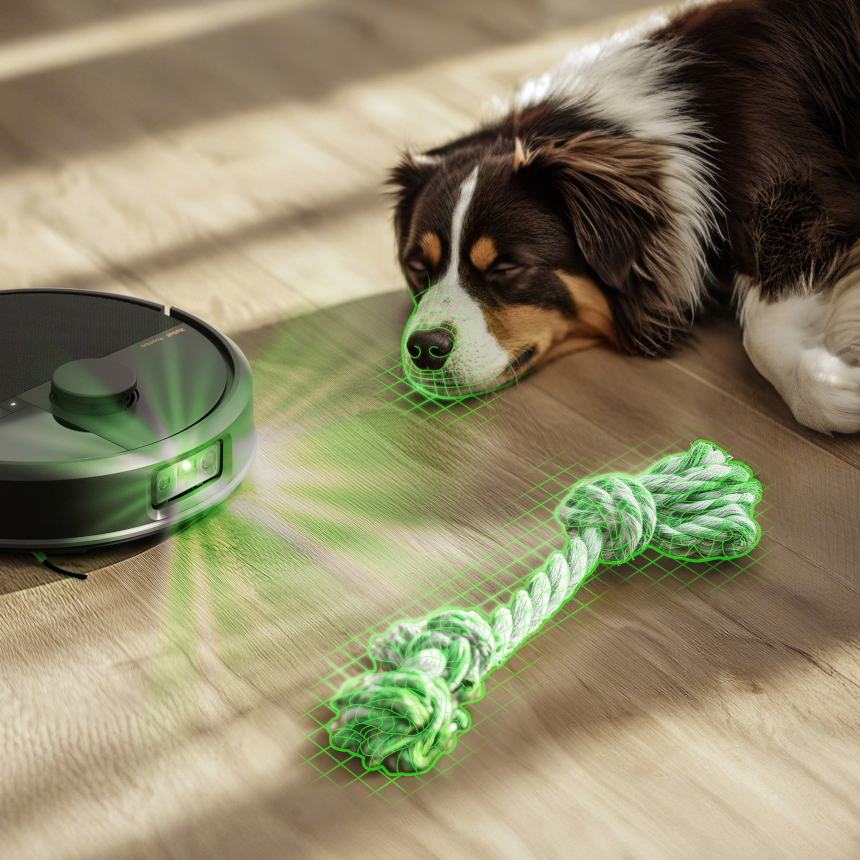 Roomba 705 odkurza podłoge omijając śpiącego psa oraz jego zabawkę