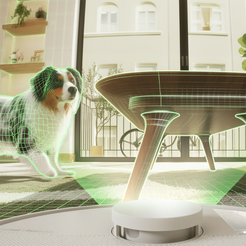 Roomba 505 skanuje otoczenie oraz przebiegającego psa przy pomocy techn LiDAR