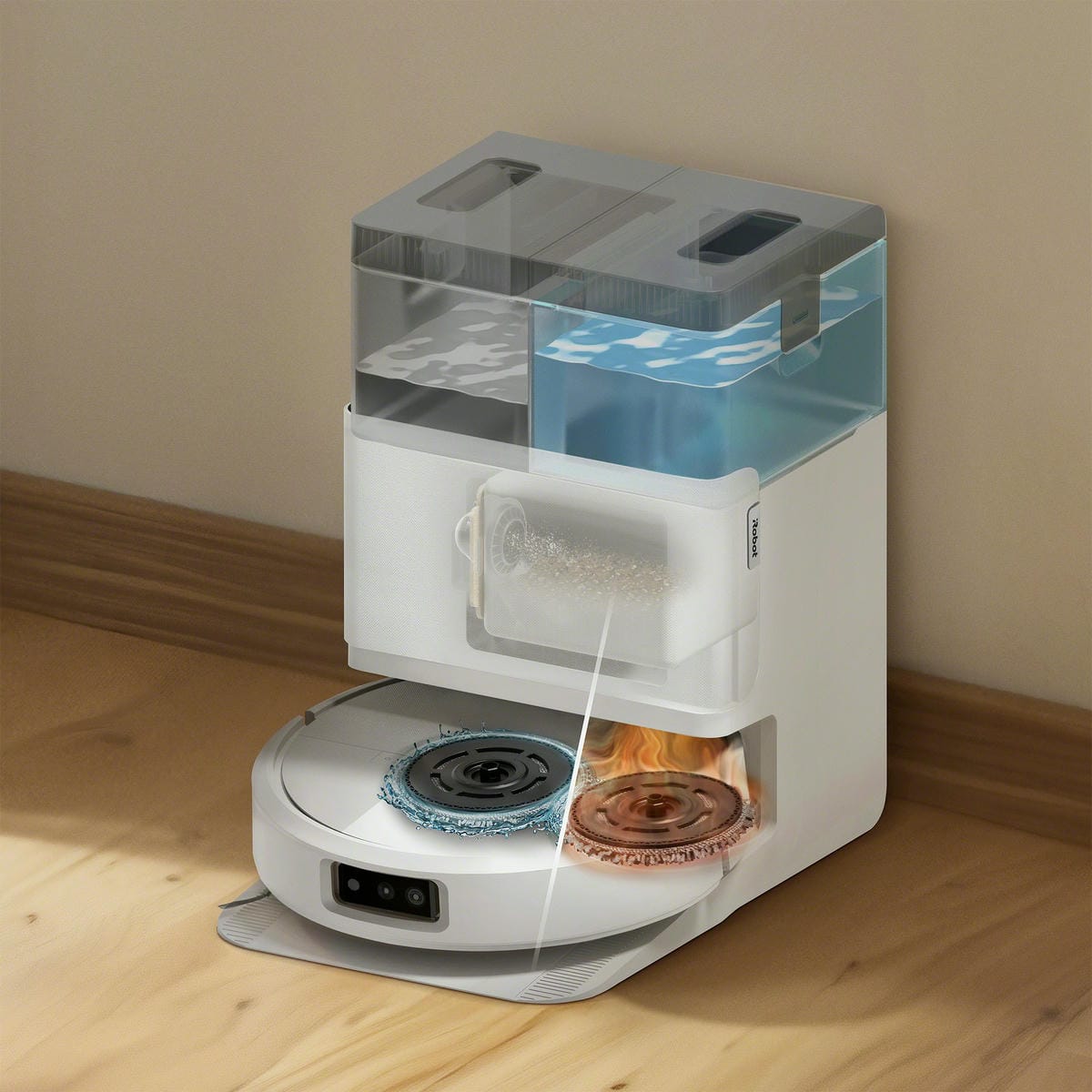 Stacja AutoWash w zestawie z robotem Roomba Plus 505 Combo pokazana z wizualizacją prania i suszenia padów mopujących