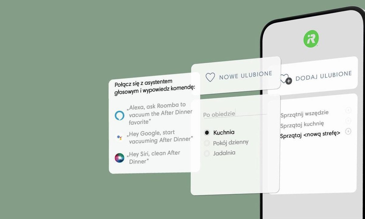 Zbliżenie na ekran aplikacji mobilnej do zarządzania robotem sprzątającym, prezentujący integrację z asystentami głosowymi: Alexa, Google Assistant i Siri, umożliwiającą sterowanie urządzeniem za pomocą komend głosowych.