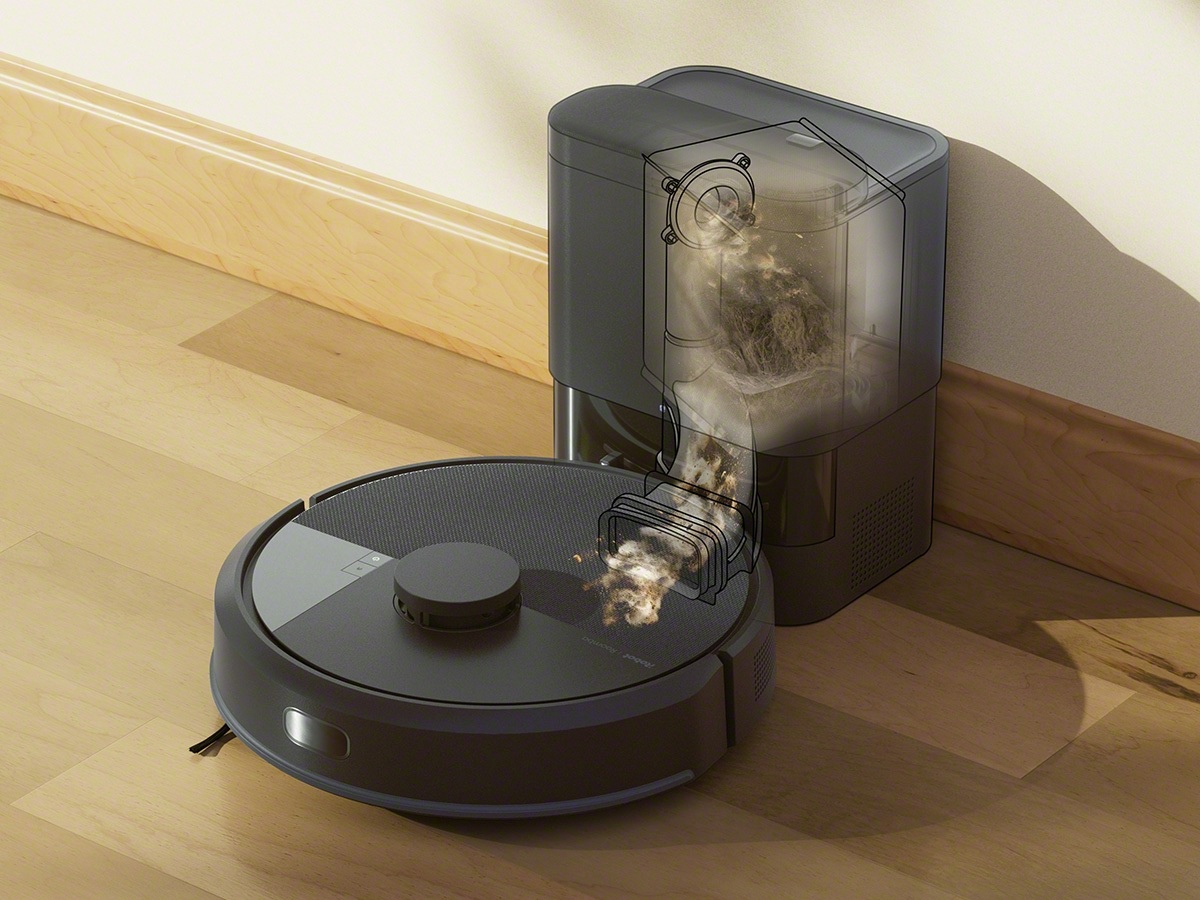 Robot Roomba 105 Combo opróżnia pojemnik w stacji w salonie