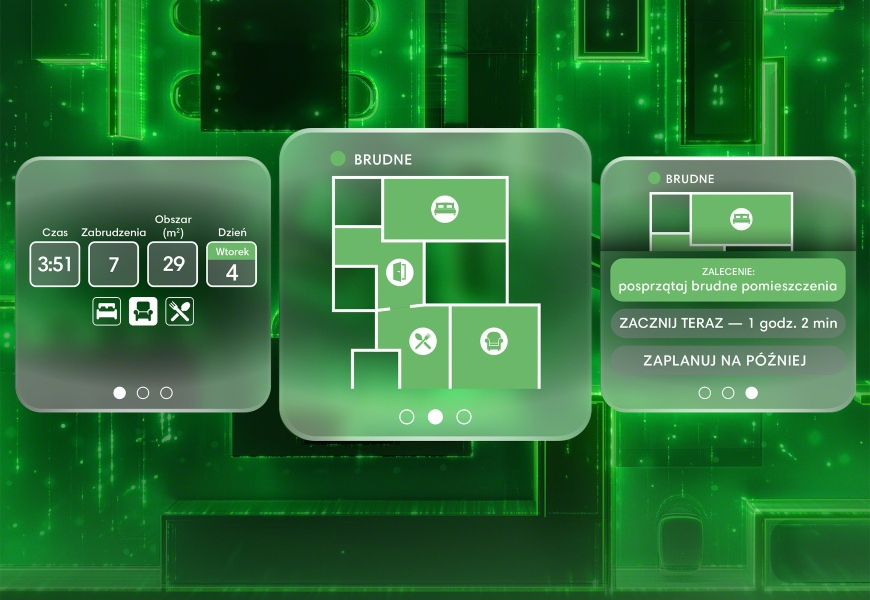 Grafika prezentująca możliwości aplikacji Roomba Home, w tym planowanie sprzątania najbrudniejszych pomieszczeń