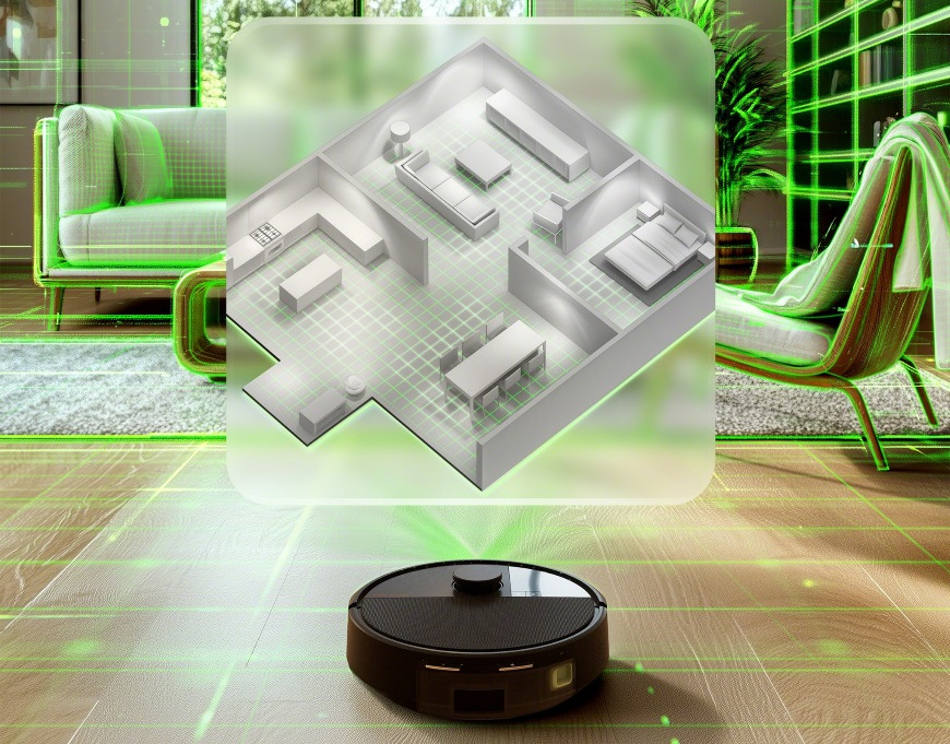 Robot Roomba Max 705 Vac skanuje salon z kanapą, tworząc szczegółową mapę 3d, widoczną nad robotem na wizualizacji