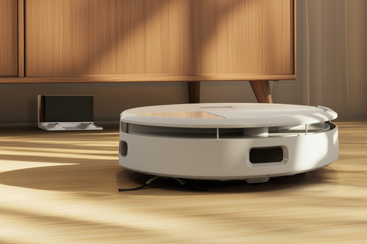Roomba odkurza podłogę, w tle minimalistyczna stacja dokująca ukryta pod regałem