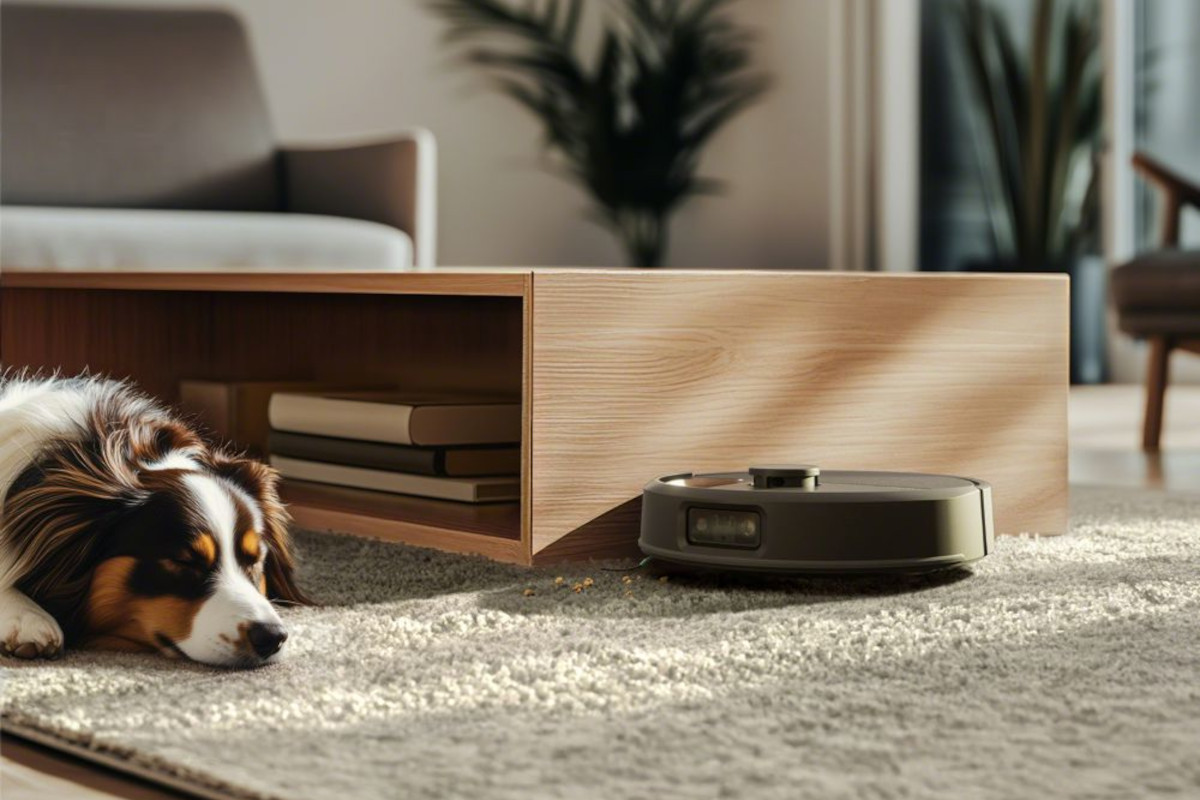 Roomba 705 odkurza wokół śpiącego psa
