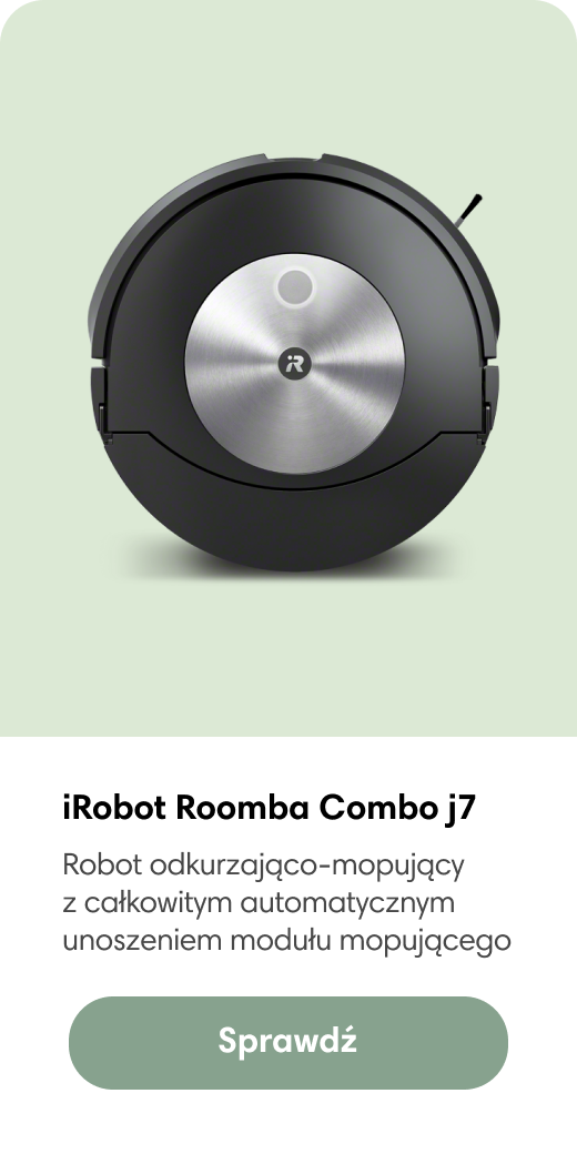 Zaawansowany robot odkurzająco-mopujący iRobot Roomba Combo j7. Rozpoznawanie i omijanie przeszkód. Imprint Smart Mapping, zmywalny pojemnik ma brud. Łączność z aplikacją iRobot HOME.