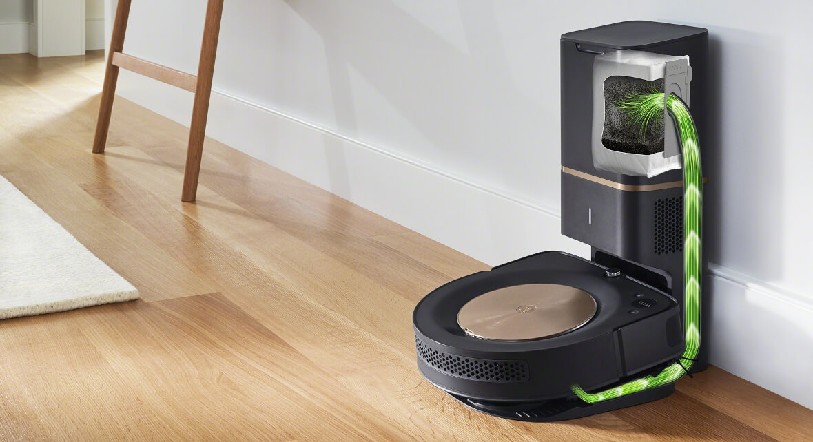Robot odkurzający iRobot Roomba s9+ opróżniający pojemnik na brud do stacji Clean Base