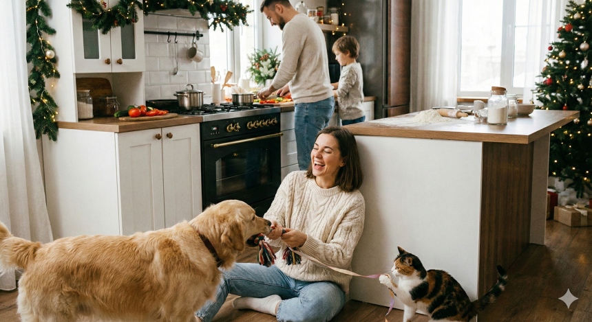 Kobieta bawi się z psem i kotem siedząc na podłodze w kuchni