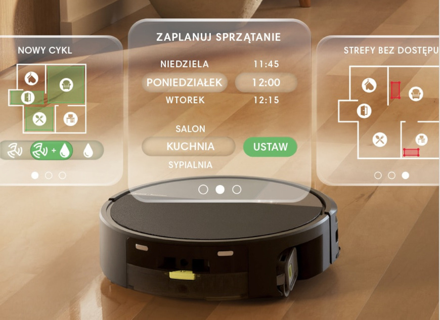 Robot Roomba 705 Combo sprząta panele w salonie, na pierwszym planie wizualizacja funkcji dostępnych w aplikacji Roomba Home
