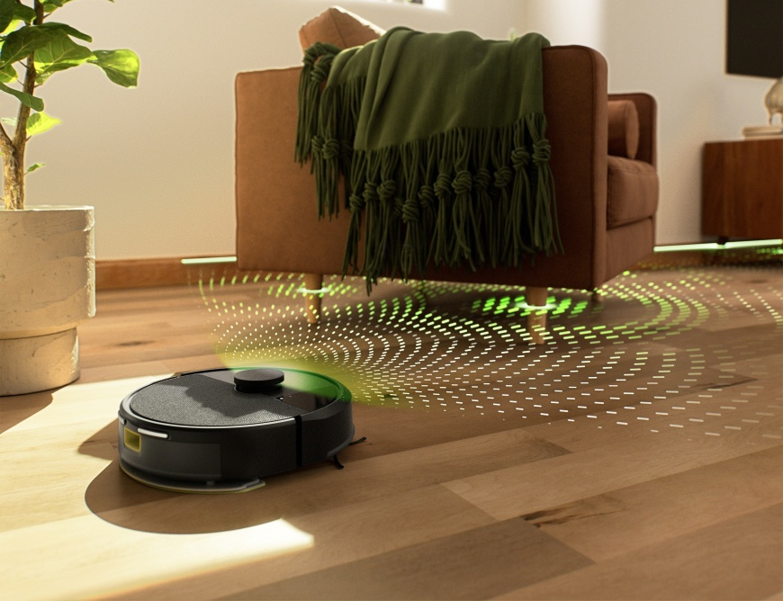 Robot Roomba 105 Combo dzięki nawigacji LiDAR wykrywa fotel w salonie podczas tworzenia mapy mieszkania