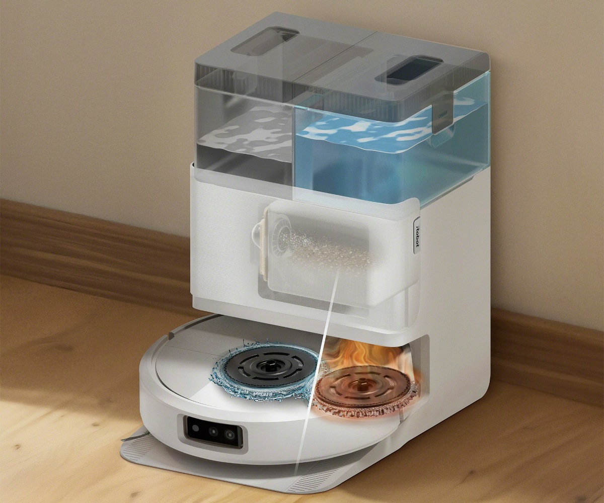 Robot Roomba Plus 505 Combo suszy pady w stacji dokującej w przedpokoju