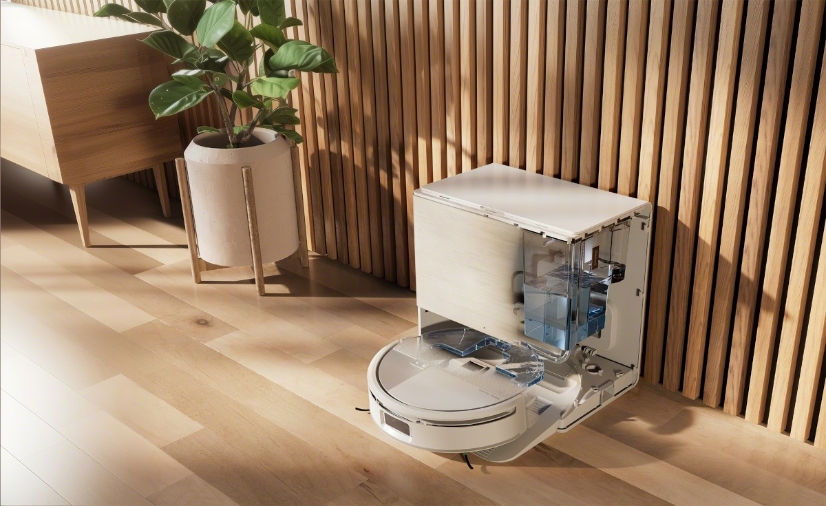 Robot Roomba Max 705 Combo uzupełnia płyn w zbiorniku w nowoczesnym salonie z lamelami