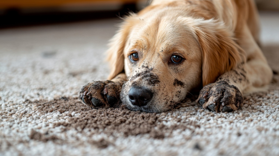 Pies w typie golden retriever leży na dywanie. Na pysku i łapach ma błoto. Przed nim plama z błota na dywanie.