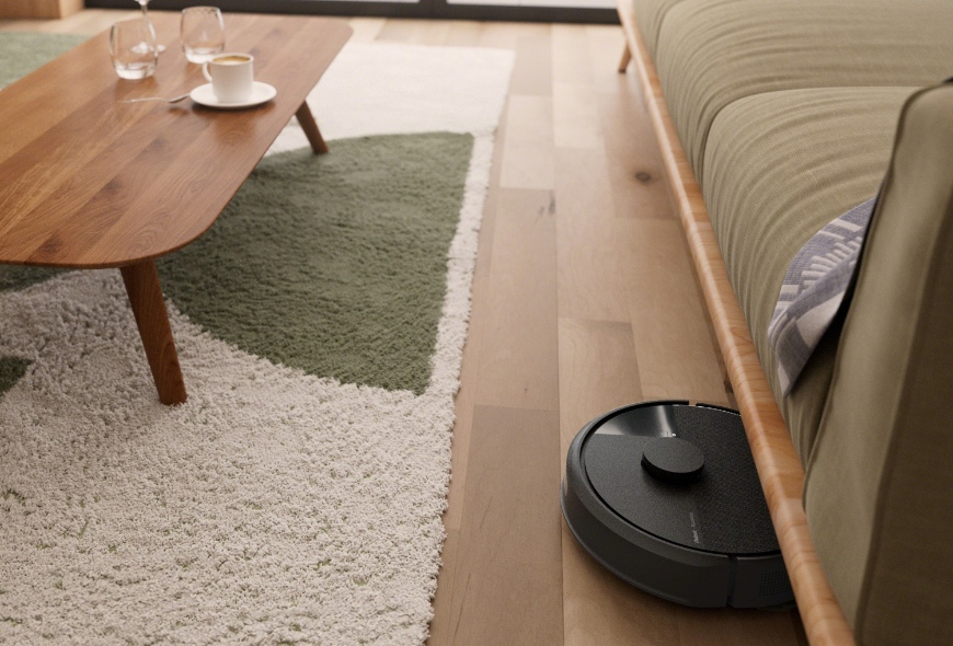 Robot Roomba 105 Combo w trybie 2w1 wykrywa dywan w salonie przed kanapą i omija go, by nie zamoczyć jego powierzchni