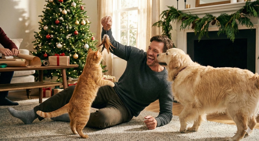 Mężczyzna bawi się z kotem i psem leżąc na podłodze w salonie
