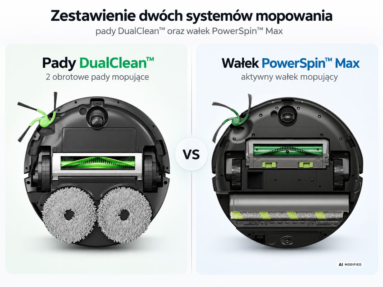 Infografika porównująca pady obrotowe DualClean™ z wałkiem PowerSpin™ Max