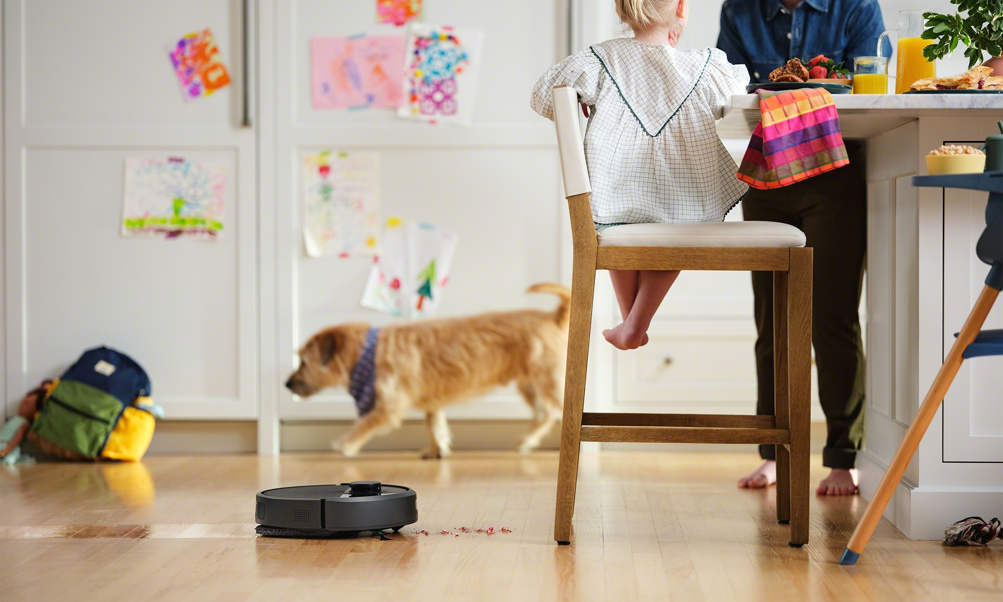 Robot Roomba Combo identyfikuje psa oraz psią zabawkę leżące na panelach