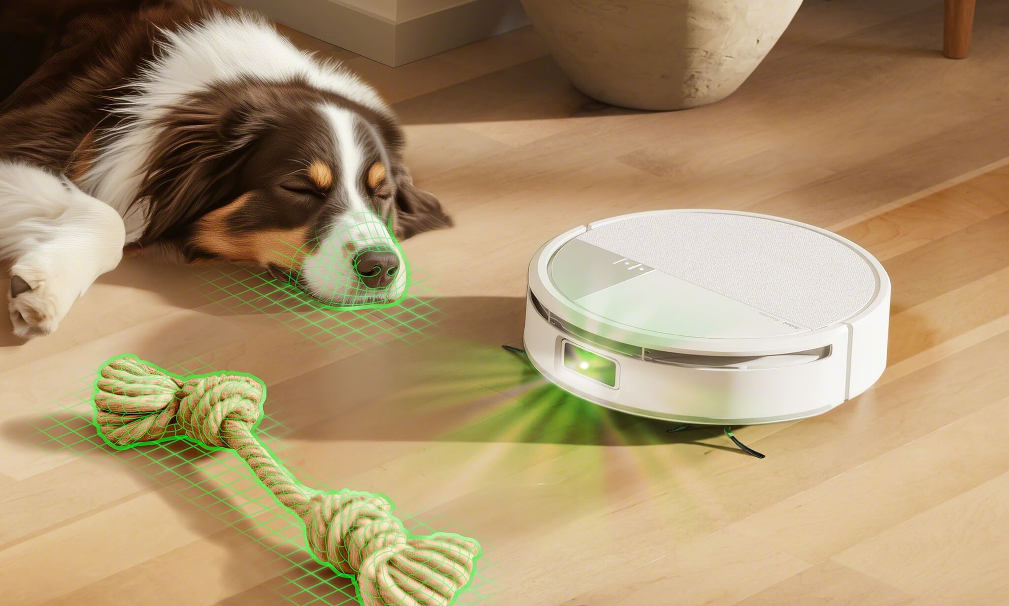 Robot Roomba Combo identyfikuje psa oraz psią zabawkę leżące na panelach