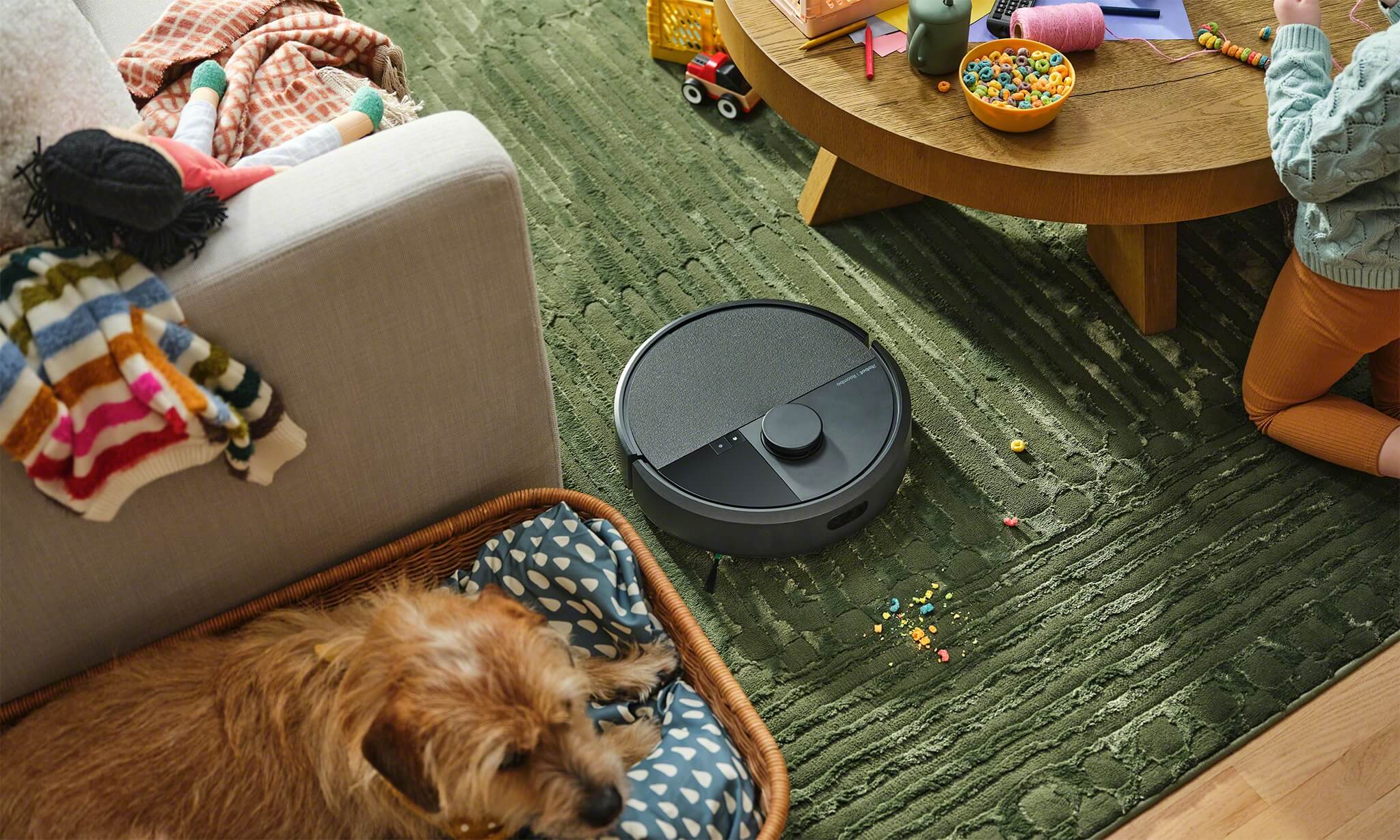 Robot Roomba Plus 405 Combo odkurza zielony dywan w salonie omijając sofę, stolik i psa na posłaniu