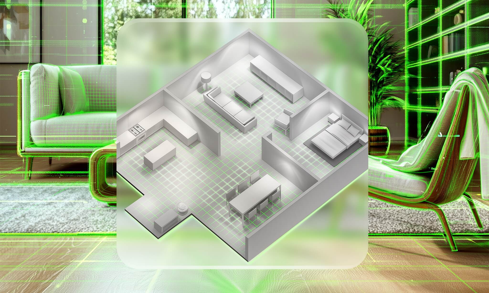 Grafika z wizualizacją inteligentnych map 3D w robotach Roomba Combo naniesiona na zdjęcie salonu z kremową kanapą