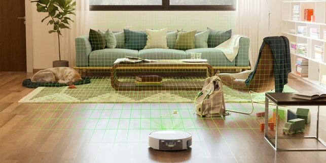 Roomba Max 705 Combo dzięki sztucznej inteligencji rozpoznaje różne meble i przeszkody w salonie z sofą, na posłaniu śpi pies