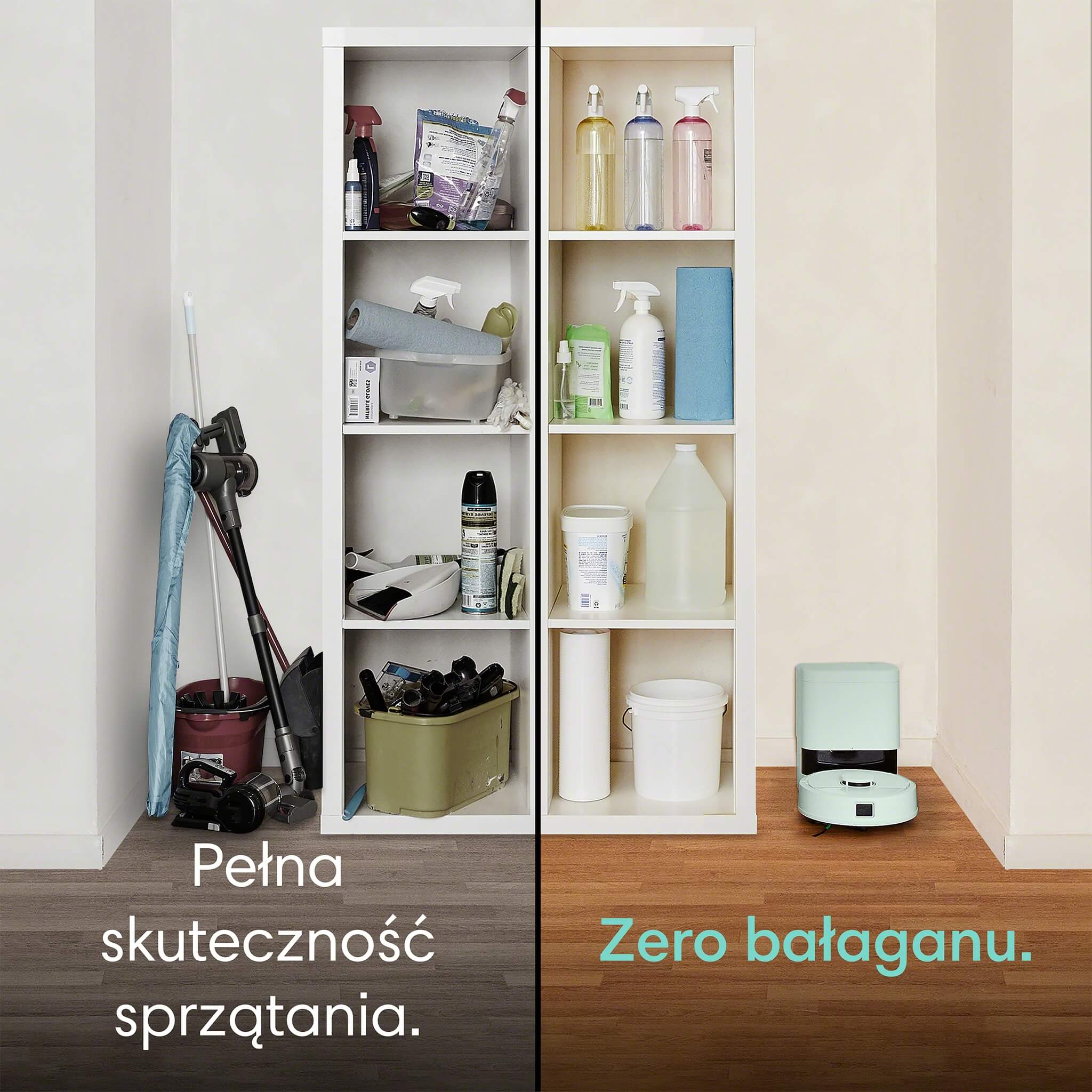 Porównanie przestrzeni, w której trzymane są sprzęty do sprzątania podłogi z przestrzenią, w której stoi Roomba Mini Combo