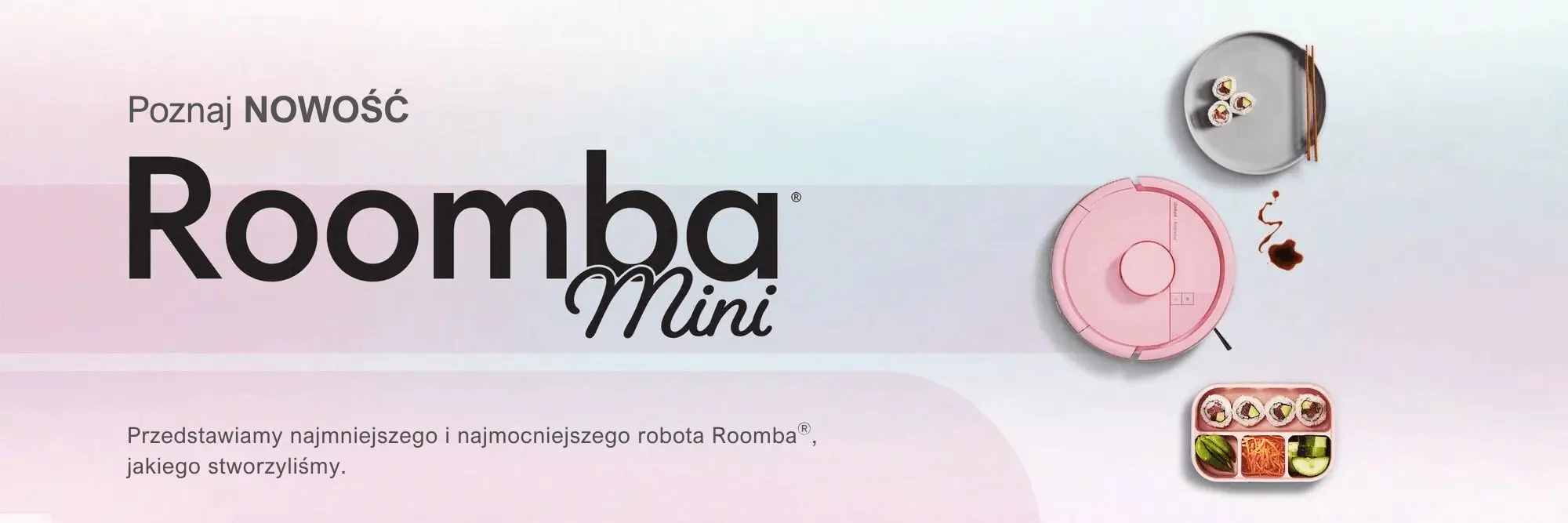 Romot Roomba Mini Combo przejeżdża obok talerza z sushi 