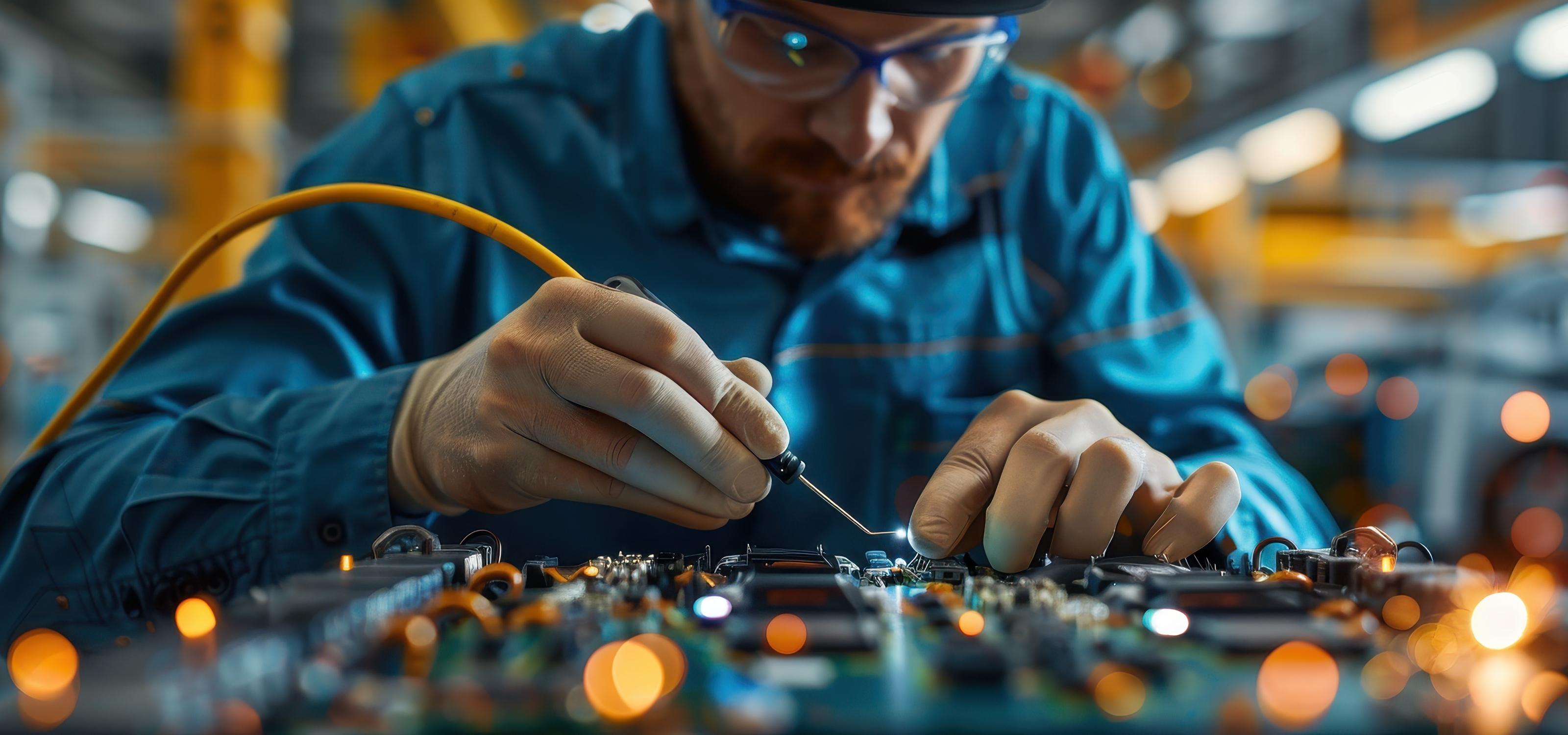 Mężczyzna w fabryce spawa elementy płytki w robotach sprzątających