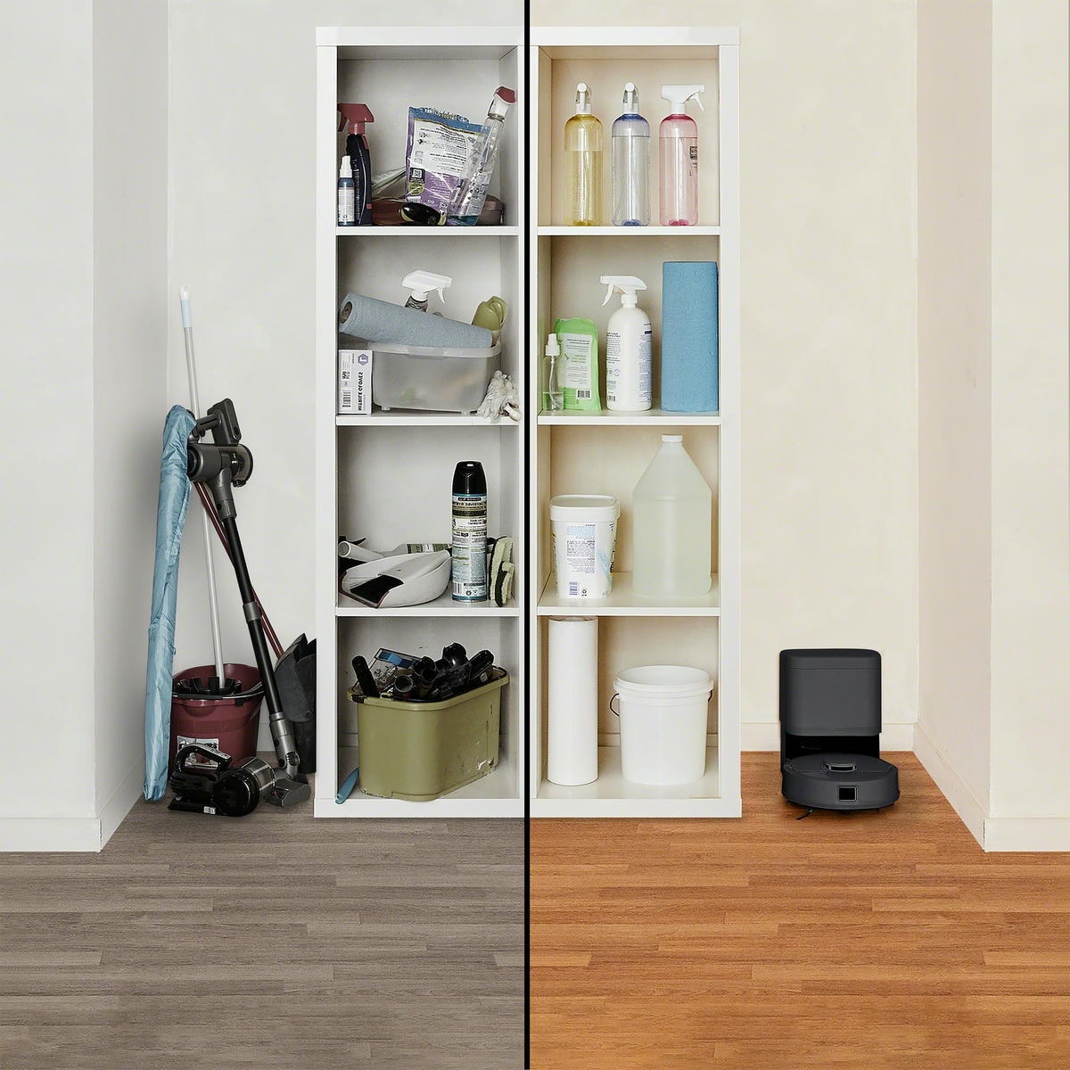 Zdjęcie porównujące kącik dla wielu sprzętów do odkurzania i mycia podłogi vs kącik z robotem Roomba Mini Combo