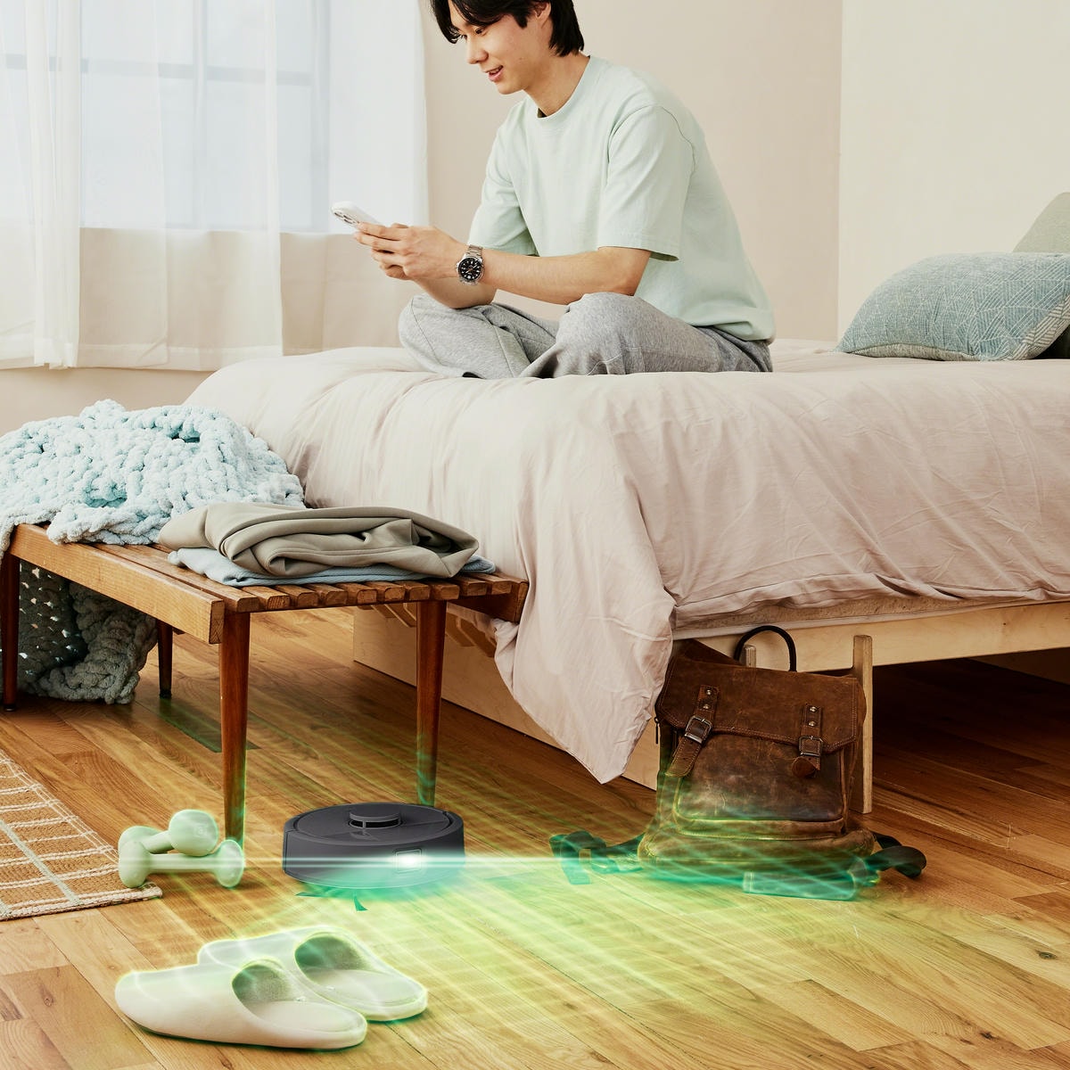 Symulacja wykrywania przeszkód na twardej podłodze w sypialni przez robota Mini