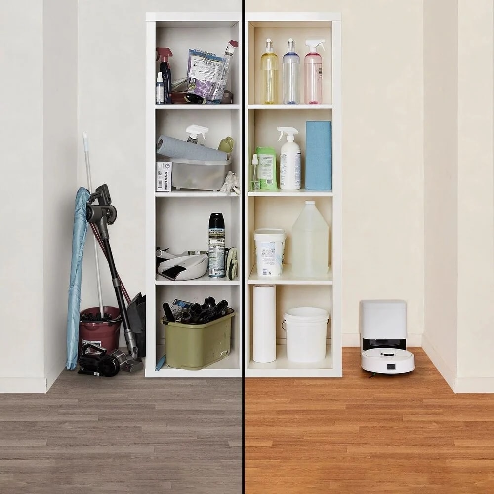 Zdjęcie porównujące kącik dla wielu sprzętów do odkurzania i mycia podłogi vs kącik z robotem Roomba Mini Combo