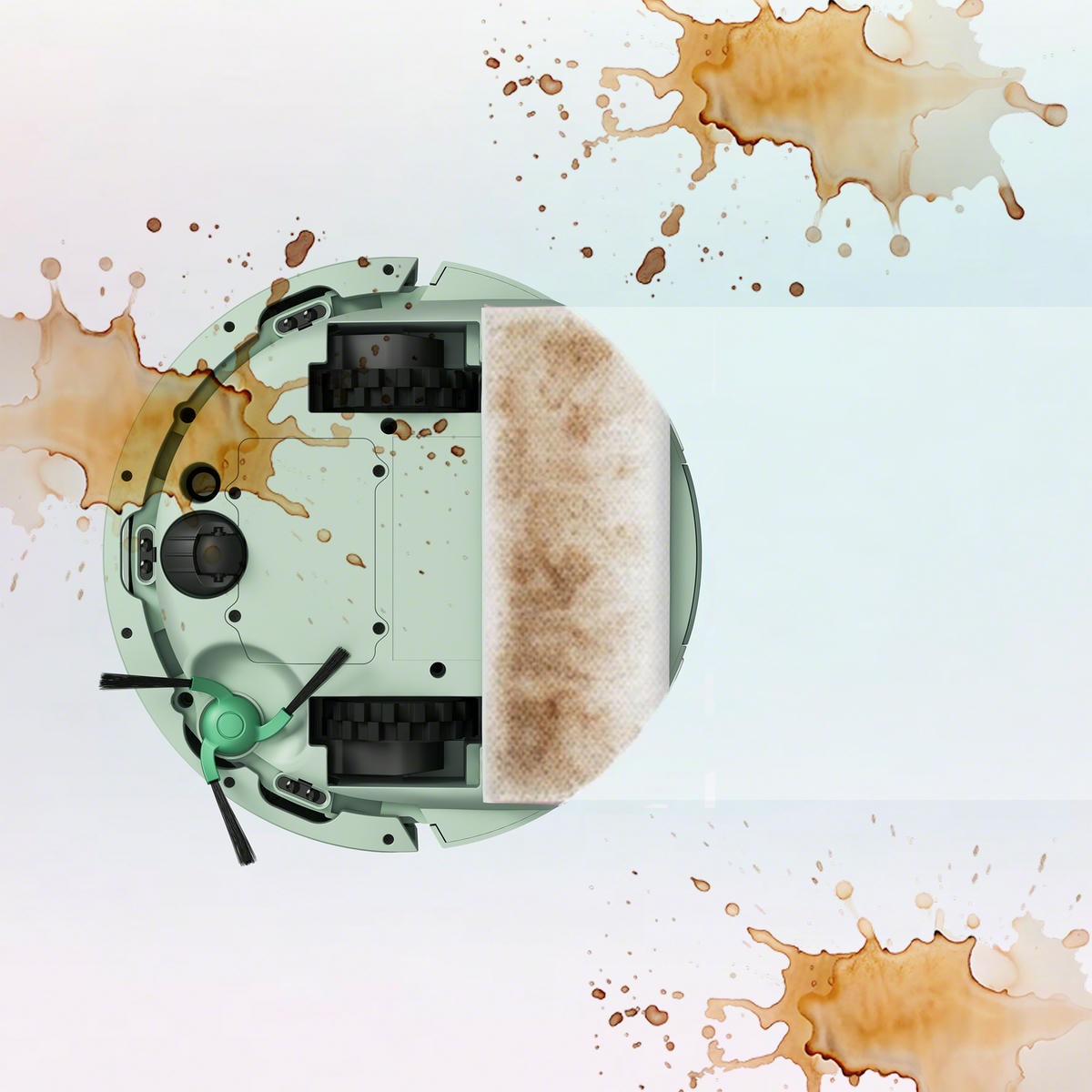 Robot Roomba Mini Combo pokazany od spodu – mopuje plamy na twardej podłodze