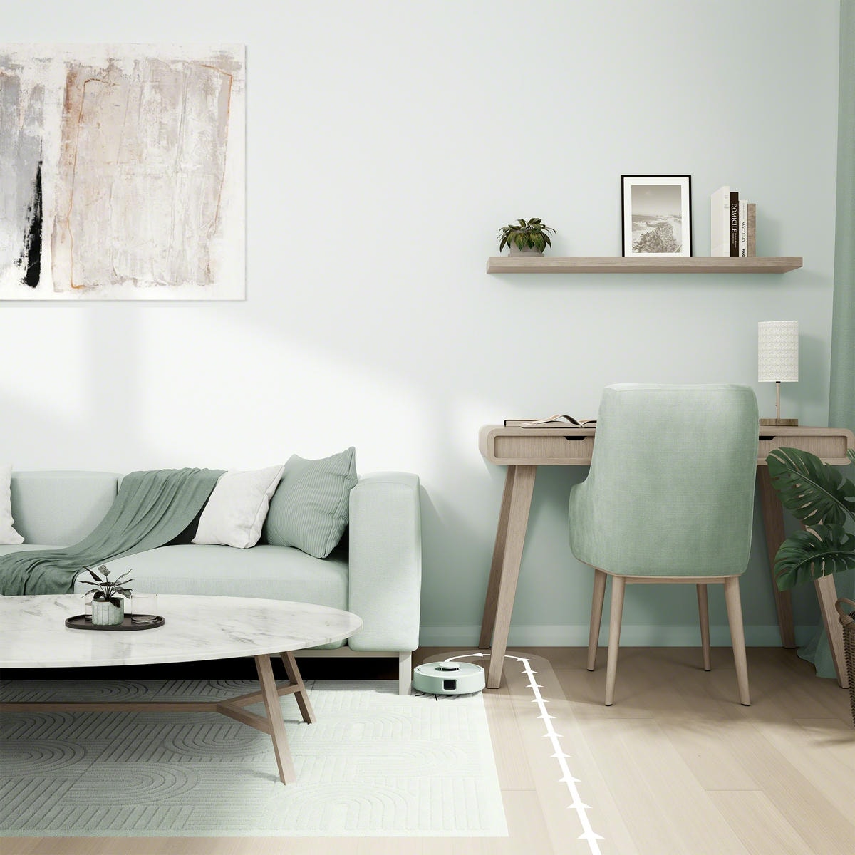 Roomba Mini sprząta w równych liniach w salonie obok sofy i biurka z krzesłem