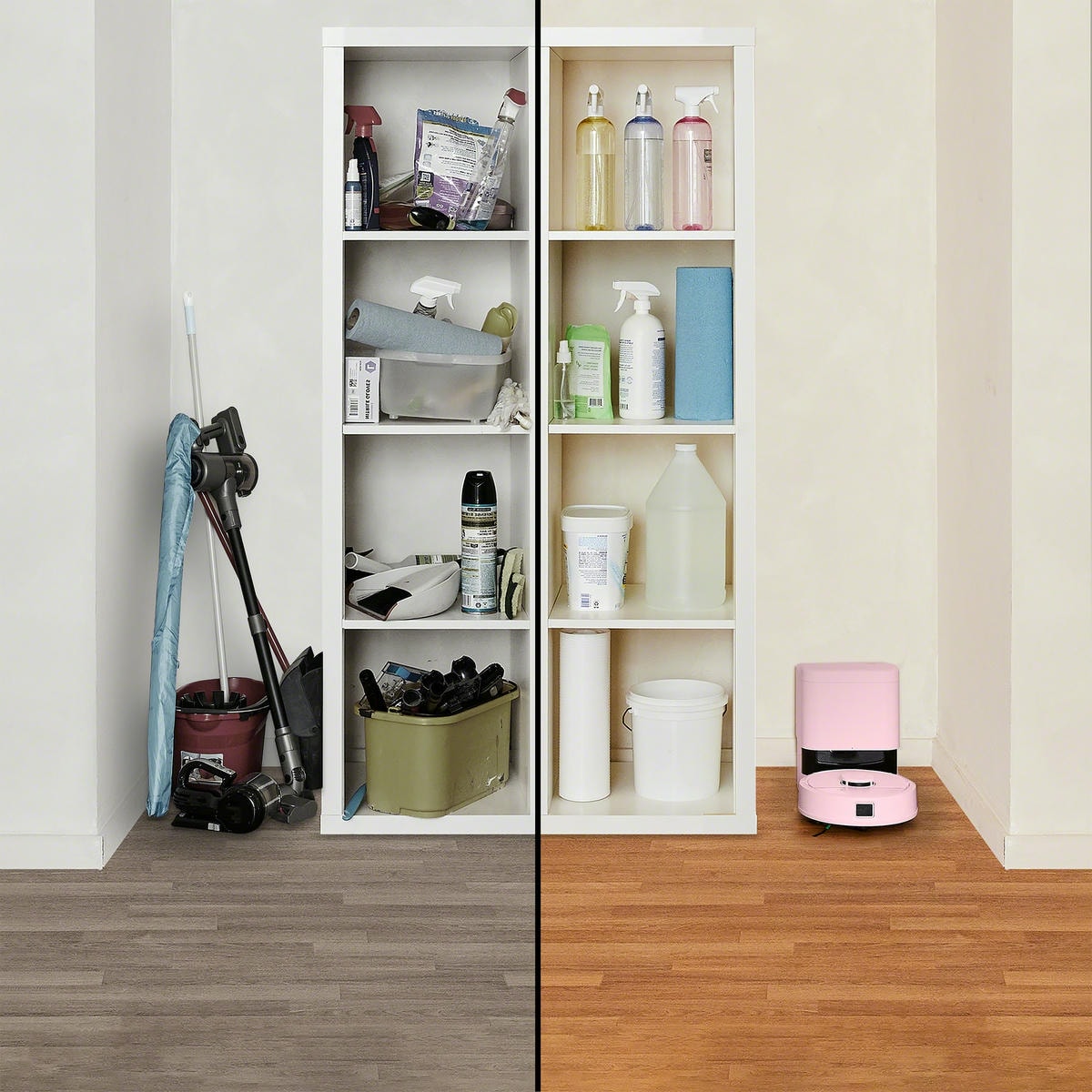 Zdjęcie porównujące kącik dla wielu sprzętów do odkurzania i mycia podłogi vs kącik z robotem Roomba Mini Combo