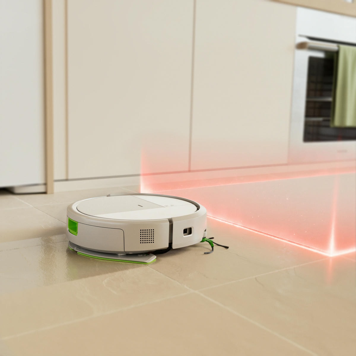 Roomba Combo zatrzymuje się przed strefą bez dostępu ustawioną przy szafkach kuchennych