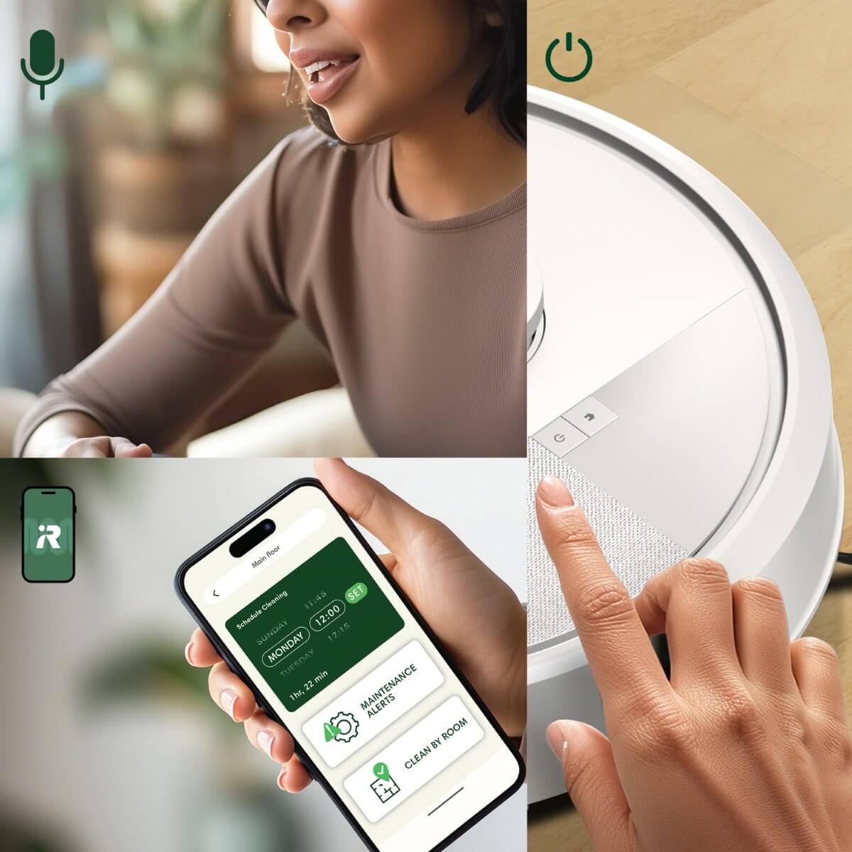 Grafika pokazująca 3 możliwe sposoby uruchomienia robota Roomba 115 Combo