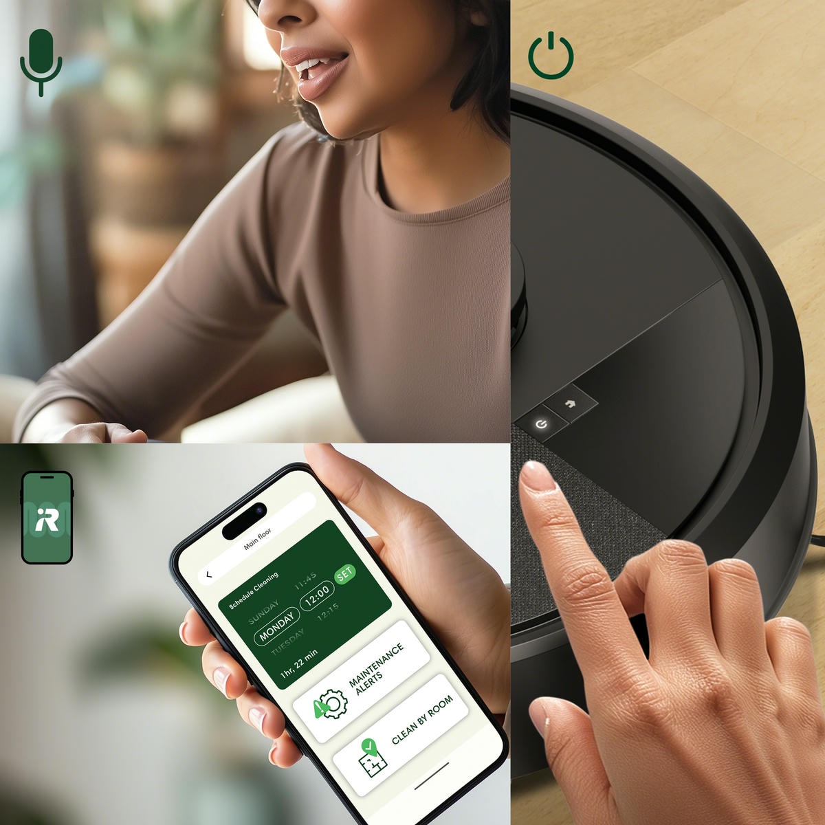 Grafika pokazująca 3 możliwe sposoby uruchomienia robota Roomba 115 Combo