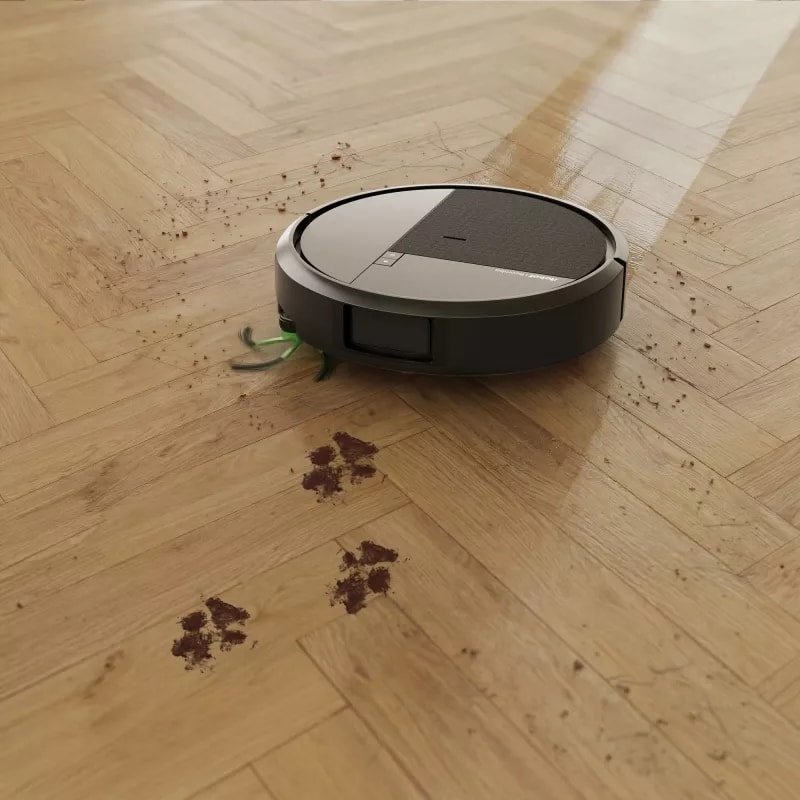Roomba 415 Combo usuwa plamy psich łap z paneli w salonie